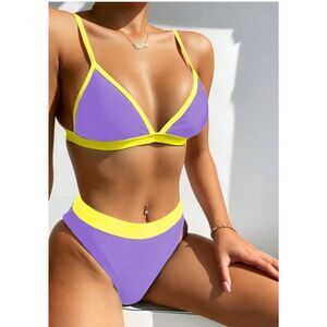Shein Women’s Contrast Binding Triangle Bikini Set Purple Yellow Sz  L See Notes